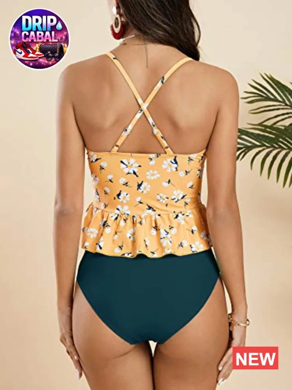High Waisted Tankini Set with Ruffle Trim Halter Neck Adjustable Straps Tummy